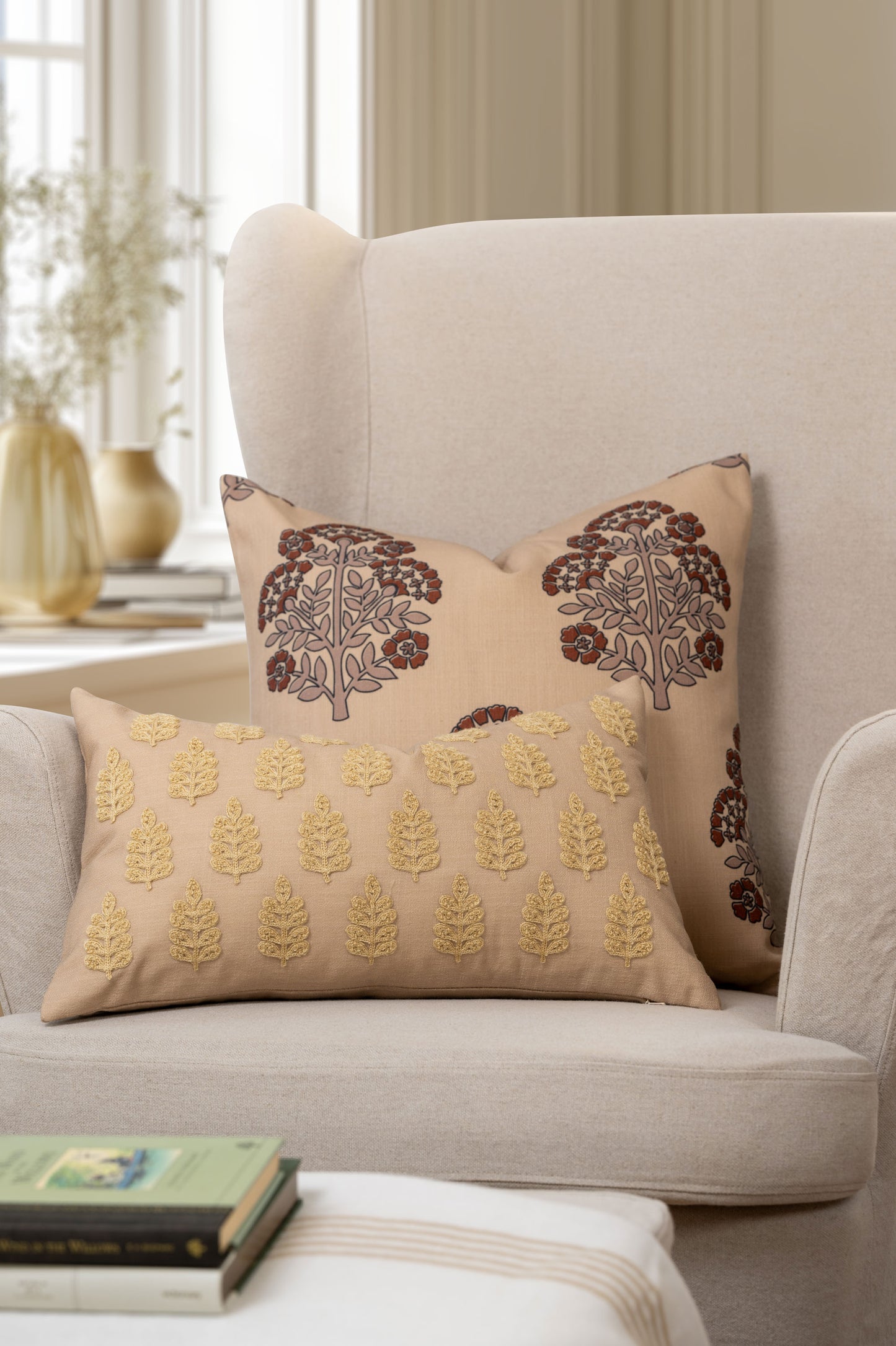 Marigny Indoor Outdoor Lumbar Pillow Cover, Leaves, Earth Tone Ivory Cream Tan, 12"x20"