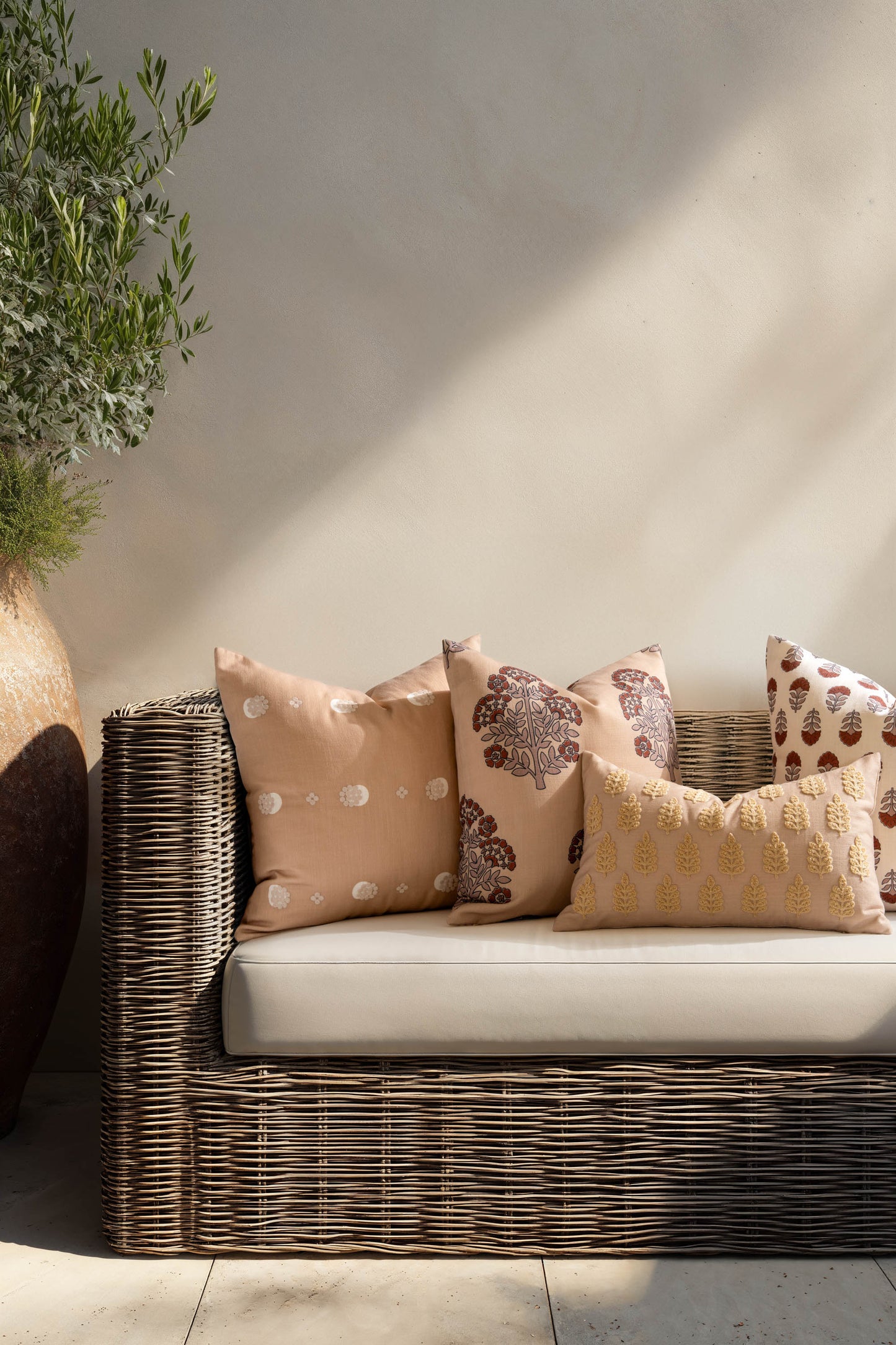Marigny Indoor Outdoor Lumbar Pillow Cover, Leaves, Earth Tone Ivory Cream Tan, 12"x20"