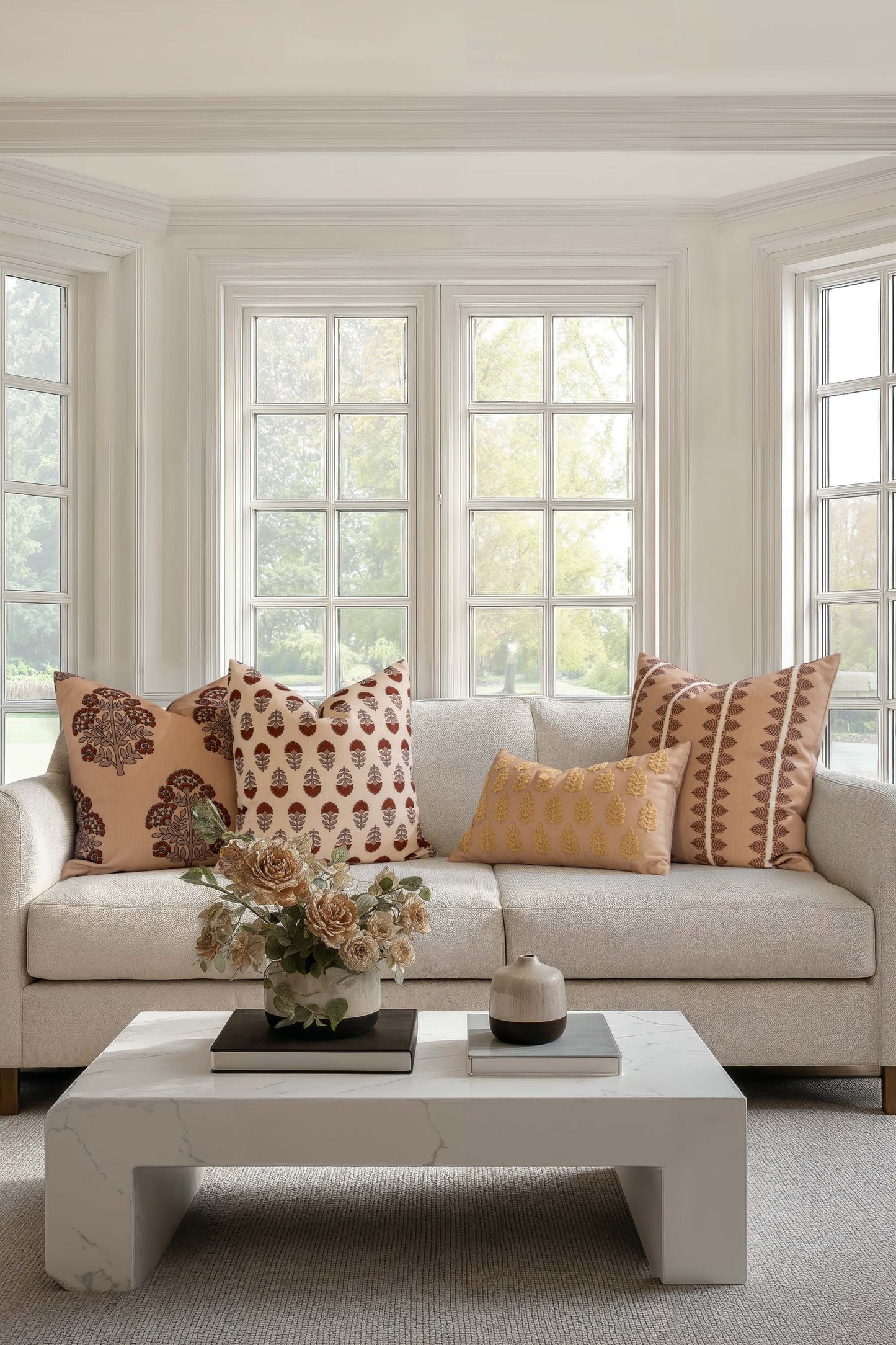 Marigny Indoor Outdoor Lumbar Pillow Cover, Leaves, Earth Tone Ivory Cream Tan, 12"x20"