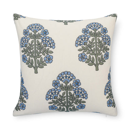 Avalora Indoor Outdoor Throw Pillow Cover, Block Print Hydrangea Flowers, Light Blue, 20"x20"