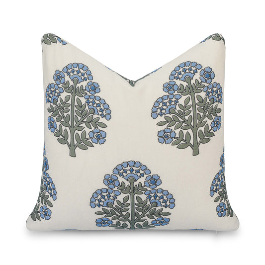 Avalora Indoor Outdoor Throw Pillow Cover, Block Print Hydrangea Flowers, Light Blue, 20"x20"