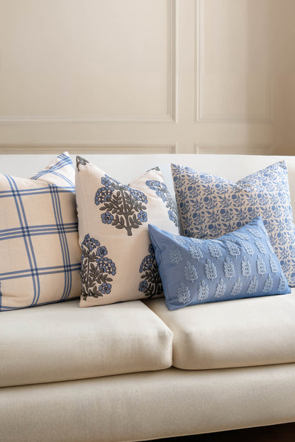 Avalora Indoor Outdoor Throw Pillow Cover, Block Print Hydrangea Flowers, Light Blue, 20"x20"