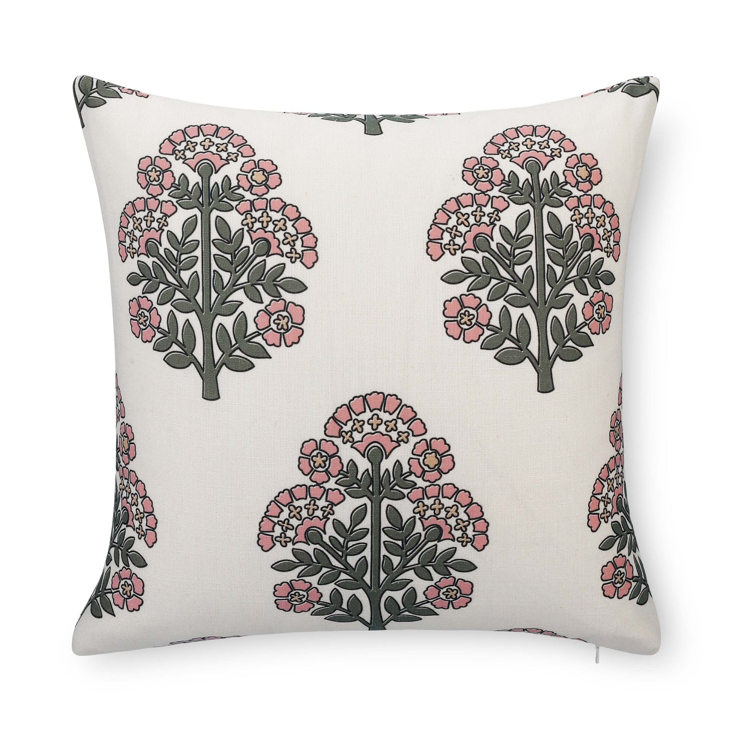 Avalora Indoor Outdoor Throw Pillow Cover, Block Print Hydrangea Flowers, Green Dark Rose, 20"x20"