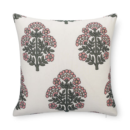 Avalora Indoor Outdoor Throw Pillow Cover, Block Print Hydrangea Flowers, Green Dark Rose, 20"x20"