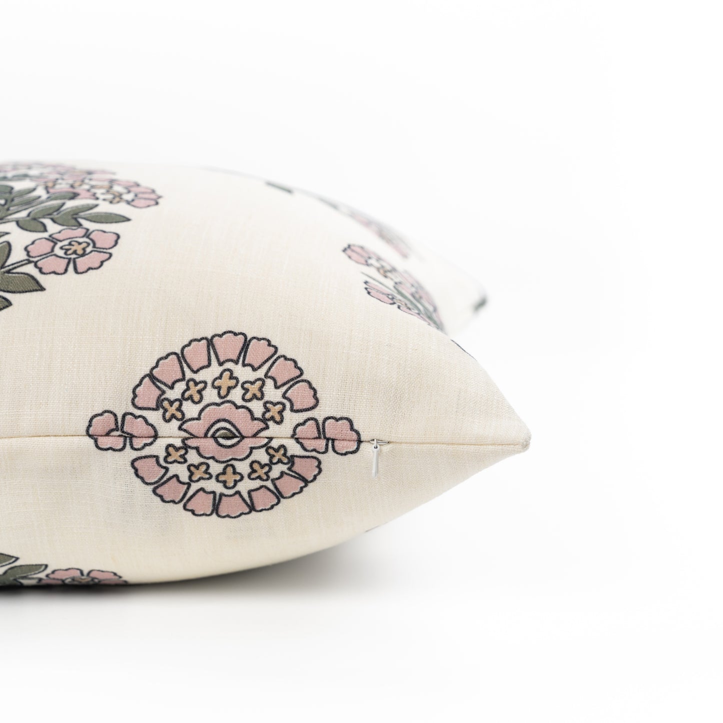 Avalora Indoor Outdoor Throw Pillow Cover, Block Print Hydrangea Flowers, Green Dark Rose, 20"x20"