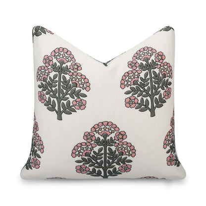 Avalora Indoor Outdoor Throw Pillow Cover, Block Print Hydrangea Flowers, Green Dark Rose, 20"x20"