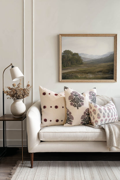 Avalora Indoor Outdoor Throw Pillow Cover, Block Print Hydrangea Flowers, Green Dark Rose, 20"x20"