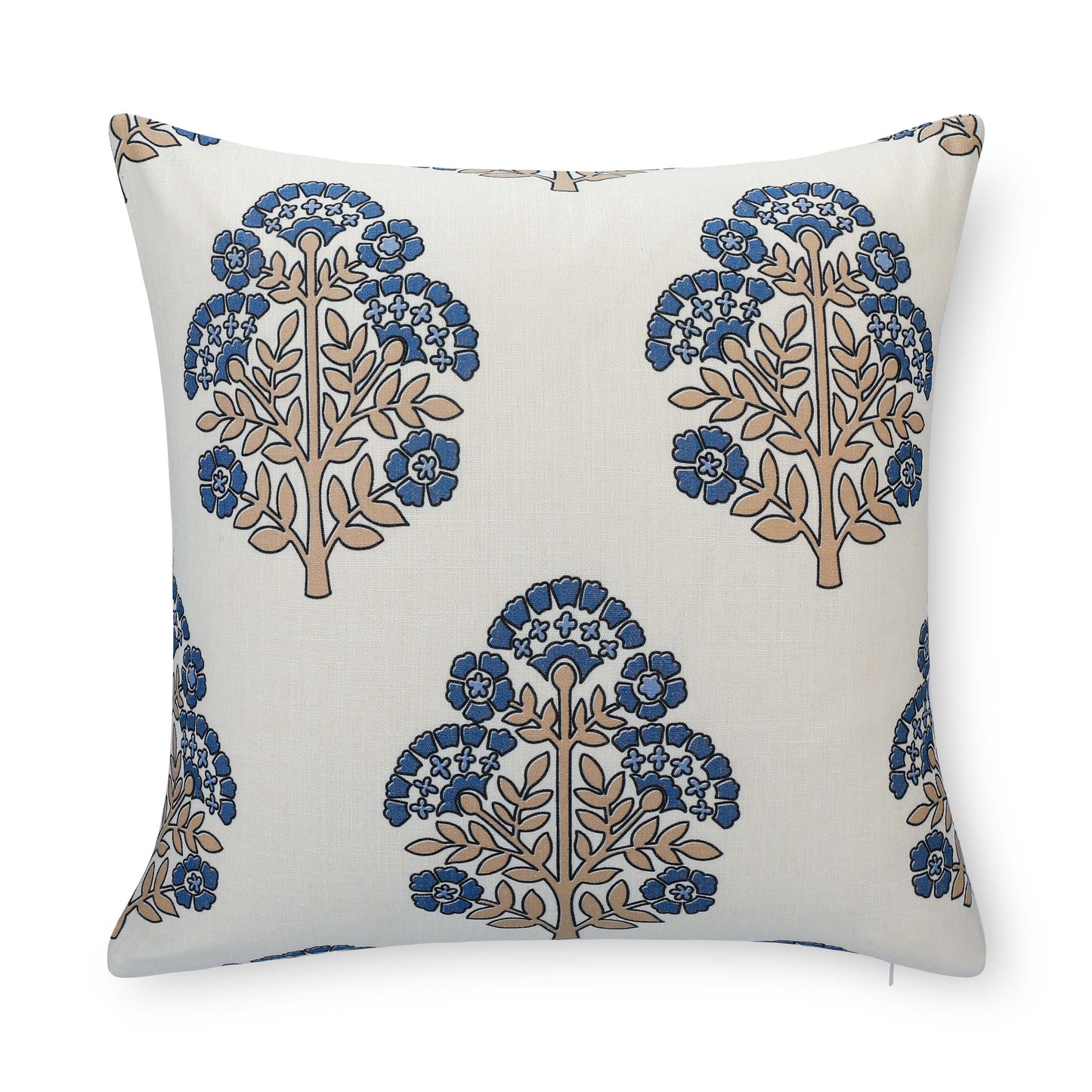 Avalora Indoor Outdoor Throw Pillow Cover, Block Print Hydrangea Flowers, Earth Tone Tan Azure Blue, 20"x20"