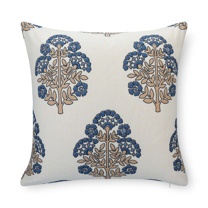 Avalora Indoor Outdoor Throw Pillow Cover, Block Print Hydrangea Flowers, Earth Tone Tan Azure Blue, 20"x20"