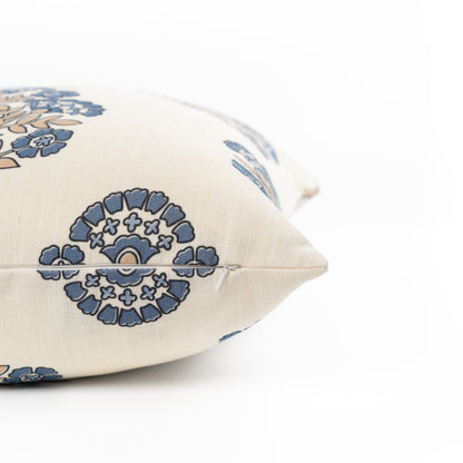 Avalora Indoor Outdoor Throw Pillow Cover, Block Print Hydrangea Flowers, Earth Tone Tan Azure Blue, 20"x20"