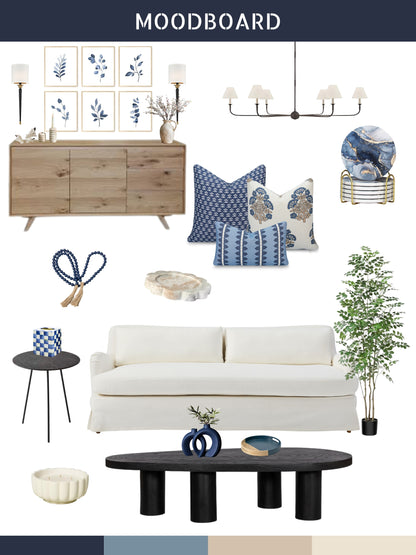 Avalora Indoor Outdoor Throw Pillow Cover, Block Print Hydrangea Flowers, Earth Tone Tan Azure Blue, 20"x20"