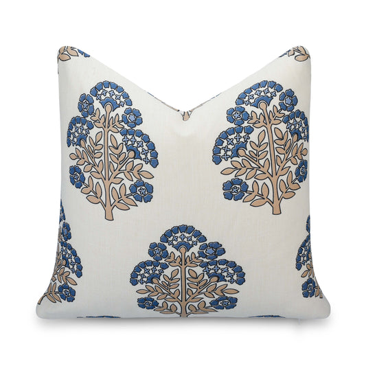 Avalora Indoor Outdoor Throw Pillow Cover, Block Print Hydrangea Flowers, Earth Tone Tan Azure Blue, 20"x20"