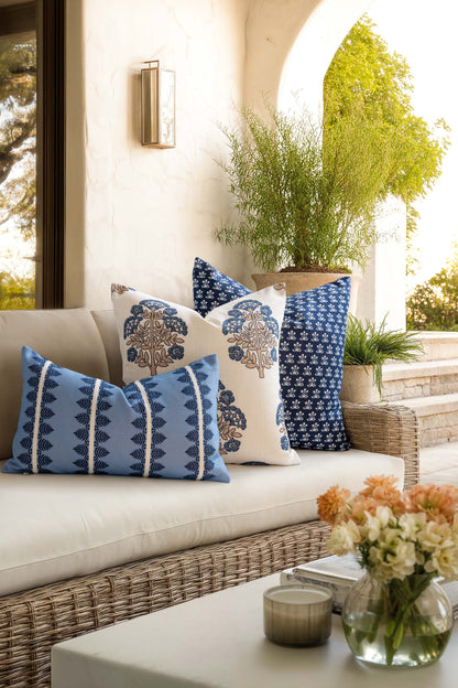 Avalora Indoor Outdoor Throw Pillow Cover, Block Print Hydrangea Flowers, Earth Tone Tan Azure Blue, 20"x20"