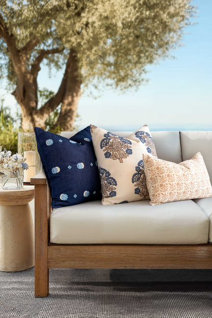 Avalora Indoor Outdoor Throw Pillow Cover, Block Print Hydrangea Flowers, Earth Tone Tan Azure Blue, 20"x20"