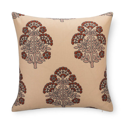 Avalora Indoor Outdoor Throw Pillow Cover, Block Print Hydrangea Flowers, Earth Tone Tan Rust Orange, 20"x20"
