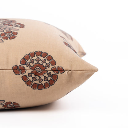 Avalora Indoor Outdoor Throw Pillow Cover, Block Print Hydrangea Flowers, Earth Tone Tan Rust Orange, 20"x20"