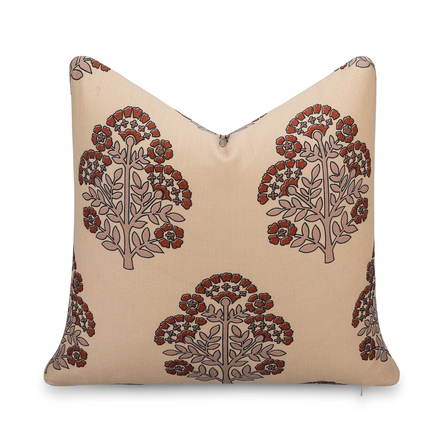 Avalora Indoor Outdoor Throw Pillow Cover, Block Print Hydrangea Flowers, Earth Tone Tan Rust Orange, 20"x20"