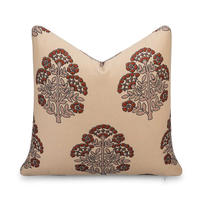 Avalora Indoor Outdoor Throw Pillow Cover, Block Print Hydrangea Flowers, Earth Tone Tan Rust Orange, 20"x20"