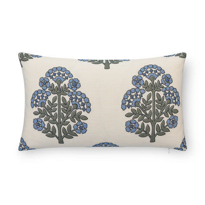 Avalora Indoor Outdoor Lumbar Pillow Cover, Block Print Hydrangea Flowers, Light Blue, 12"x20"