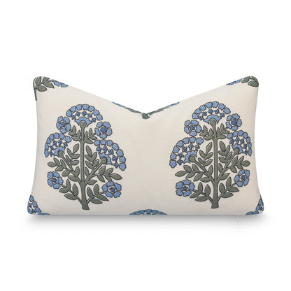 Avalora Indoor Outdoor Lumbar Pillow Cover, Block Print Hydrangea Flowers, Light Blue, 12"x20"
