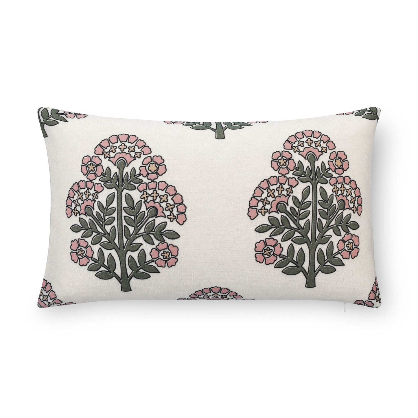 Avalora Indoor Outdoor Lumbar Pillow Cover, Block Print Hydrangea Flowers, Green Dark Rose, 12"x20"