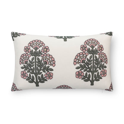 Avalora Indoor Outdoor Lumbar Pillow Cover, Block Print Hydrangea Flowers, Green Dark Rose, 12"x20"