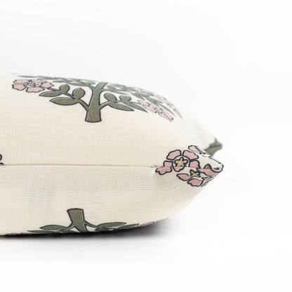 Avalora Indoor Outdoor Lumbar Pillow Cover, Block Print Hydrangea Flowers, Green Dark Rose, 12"x20"