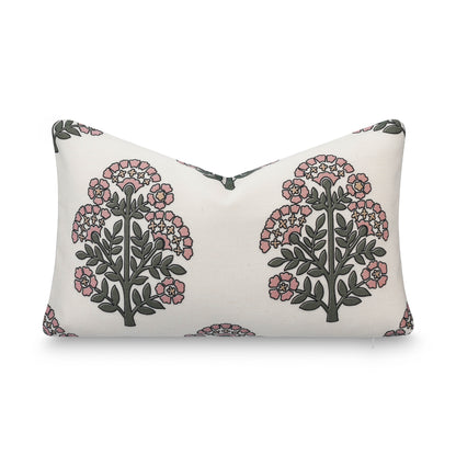 Avalora Indoor Outdoor Lumbar Pillow Cover, Block Print Hydrangea Flowers, Green Dark Rose, 12"x20"