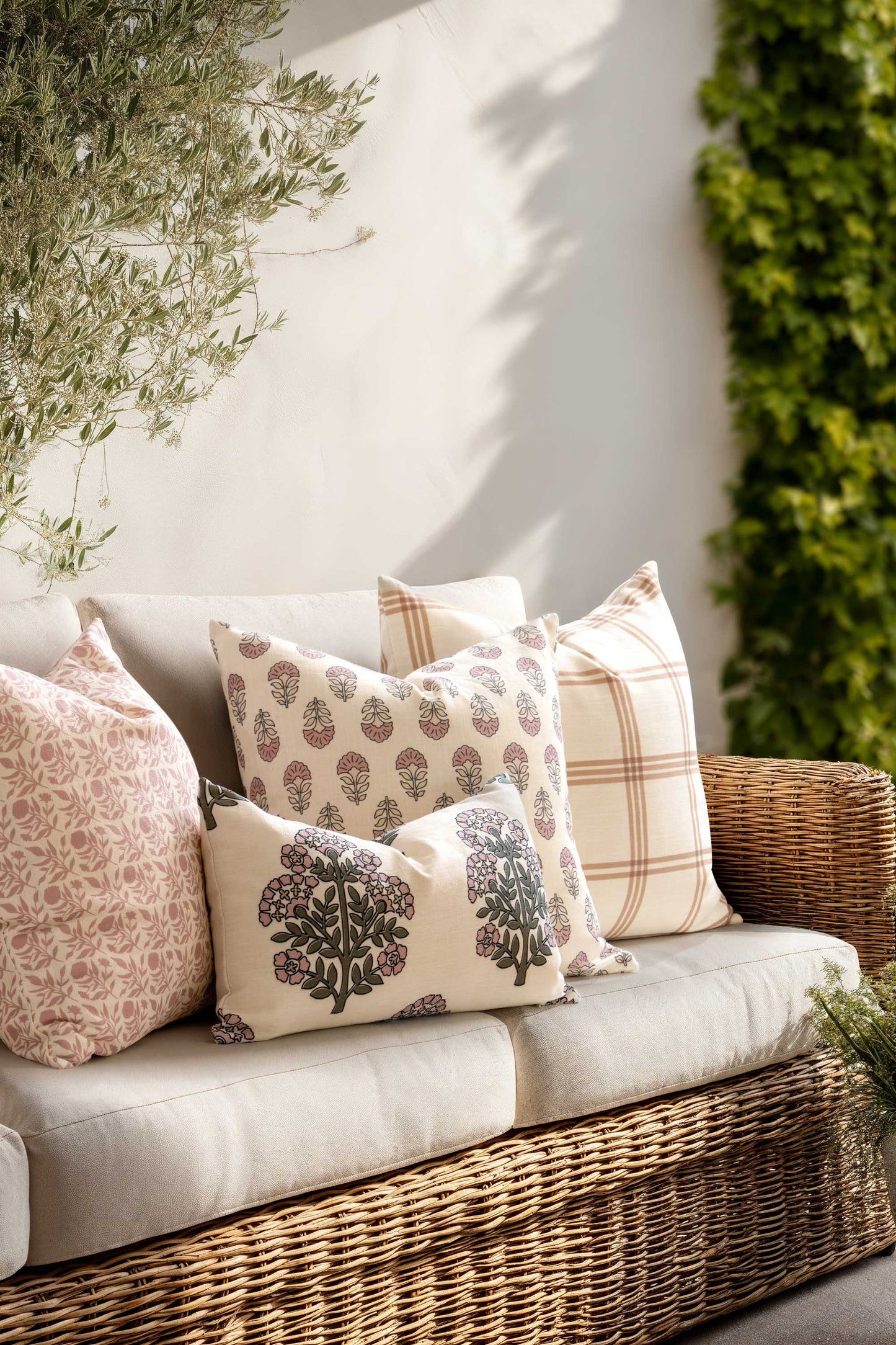 Avalora Indoor Outdoor Lumbar Pillow Cover, Block Print Hydrangea Flowers, Green Dark Rose, 12"x20"