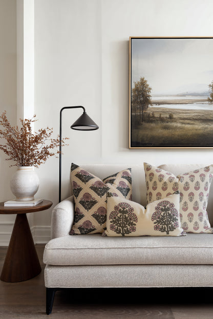 Avalora Indoor Outdoor Lumbar Pillow Cover, Block Print Hydrangea Flowers, Green Dark Rose, 12"x20"