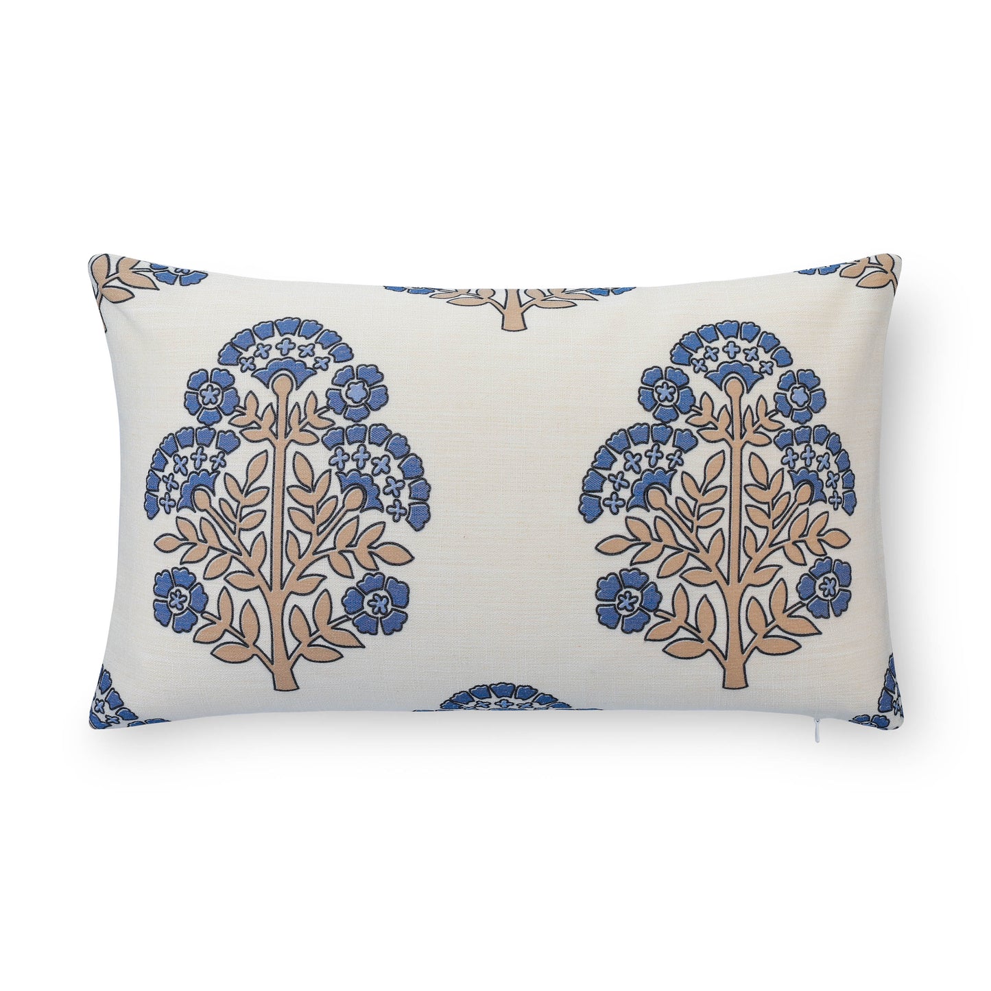 Avalora Indoor Outdoor Lumbar Pillow Cover, Block Print Hydrangea Flowers, Earth Tone Tan Azure Blue, 12"x20"