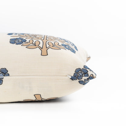 Avalora Indoor Outdoor Lumbar Pillow Cover, Block Print Hydrangea Flowers, Earth Tone Tan Azure Blue, 12"x20"