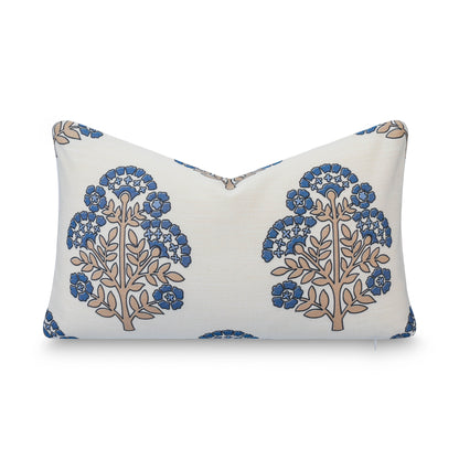 Avalora Indoor Outdoor Lumbar Pillow Cover, Block Print Hydrangea Flowers, Earth Tone Tan Azure Blue, 12"x20"