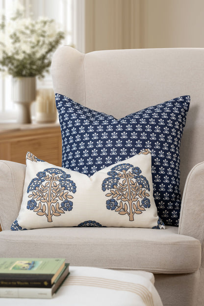Avalora Indoor Outdoor Lumbar Pillow Cover, Block Print Hydrangea Flowers, Earth Tone Tan Azure Blue, 12"x20"