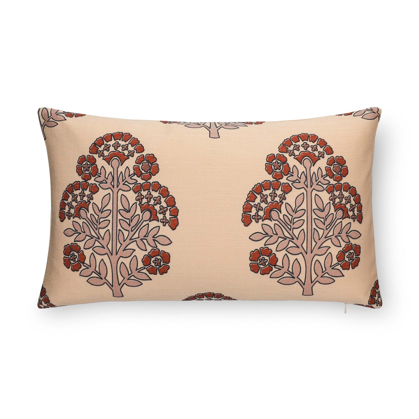 Avalora Indoor Outdoor Lumbar Pillow Cover, Block Print Hydrangea Flowers, Earth Tone Tan Rust Orange, 12"x20"