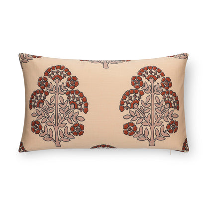 Avalora Indoor Outdoor Lumbar Pillow Cover, Block Print Hydrangea Flowers, Earth Tone Tan Rust Orange, 12"x20"