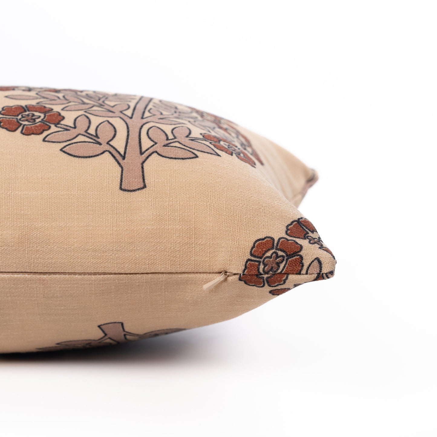 Avalora Indoor Outdoor Lumbar Pillow Cover, Block Print Hydrangea Flowers, Earth Tone Tan Rust Orange, 12"x20"