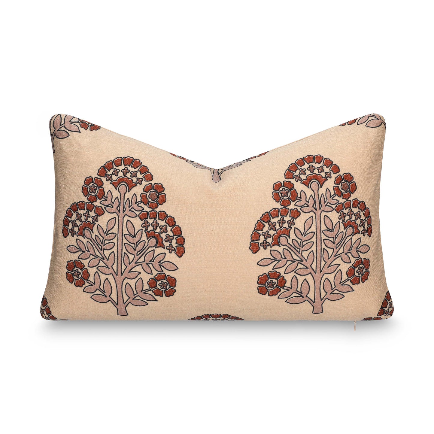 Avalora Indoor Outdoor Lumbar Pillow Cover, Block Print Hydrangea Flowers, Earth Tone Tan Rust Orange, 12"x20"