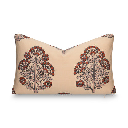 Avalora Indoor Outdoor Lumbar Pillow Cover, Block Print Hydrangea Flowers, Earth Tone Tan Rust Orange, 12"x20"