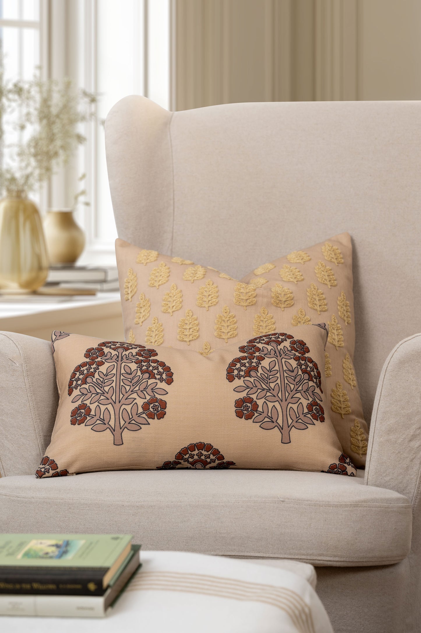 Avalora Indoor Outdoor Lumbar Pillow Cover, Block Print Hydrangea Flowers, Earth Tone Tan Rust Orange, 12"x20"