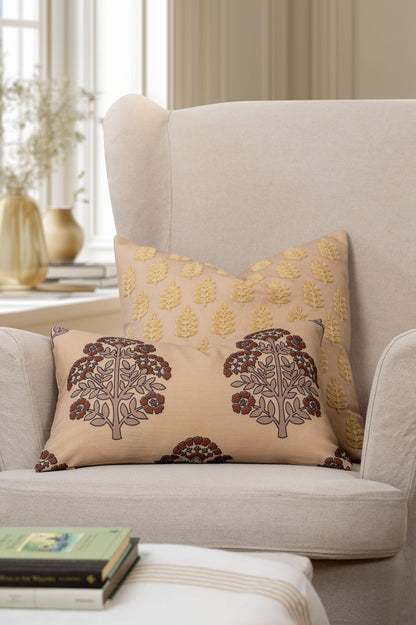 Avalora Indoor Outdoor Lumbar Pillow Cover, Block Print Hydrangea Flowers, Earth Tone Tan Rust Orange, 12"x20"