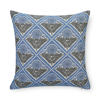 Chartelle Indoor Outdoor Throw Pillow Cover, Block Print Vintage Hydrangea Flowers, Azure Light Blue, 20"x20"