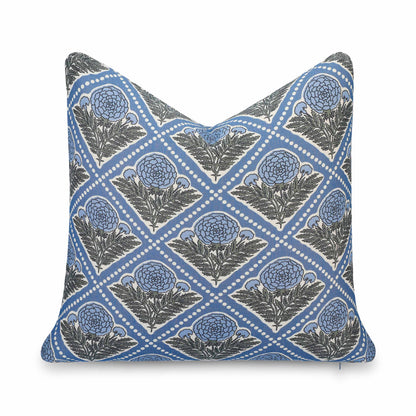 Chartelle Indoor Outdoor Throw Pillow Cover, Block Print Vintage Hydrangea Flowers, Azure Light Blue, 20"x20"