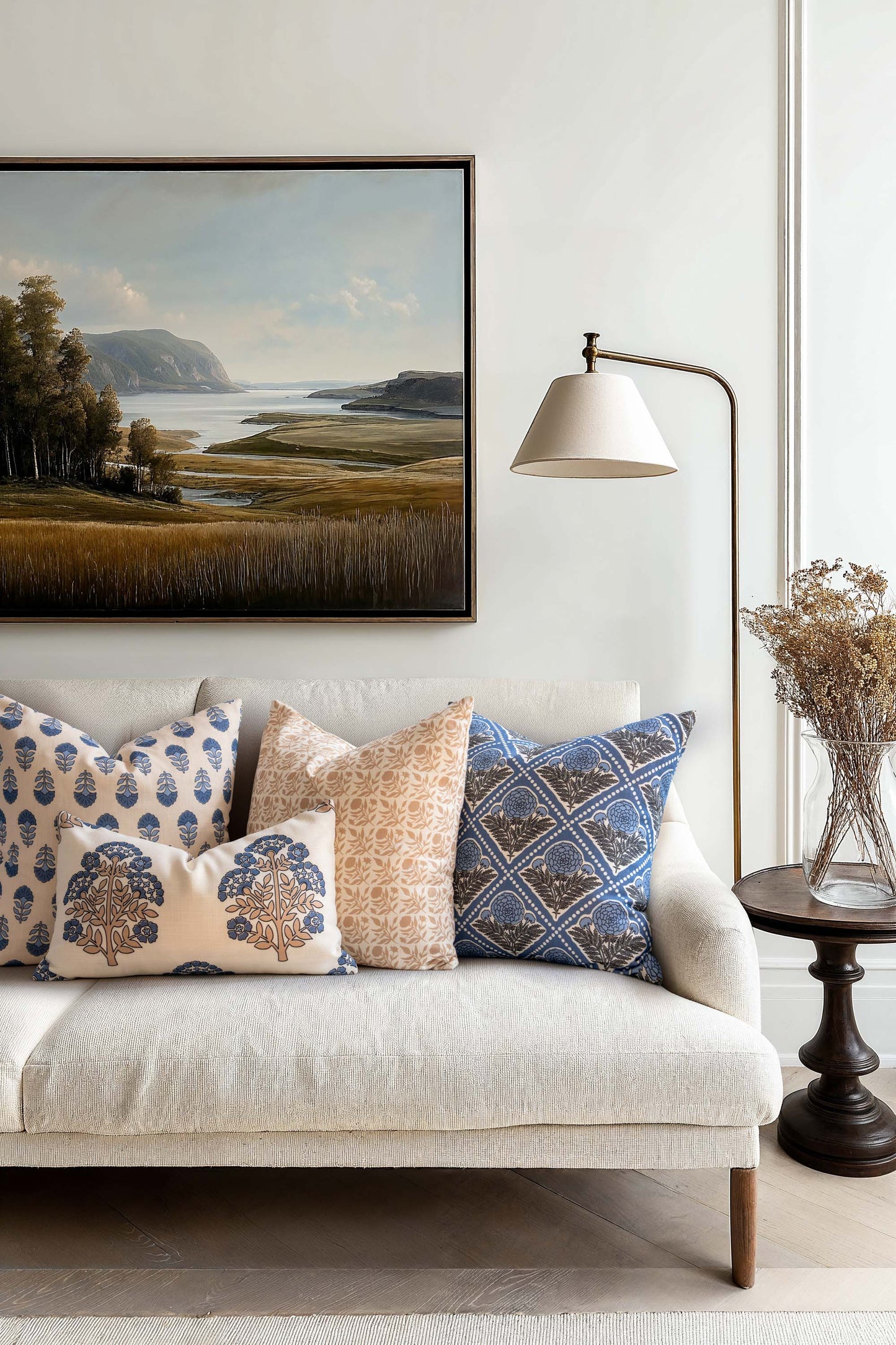 Chartelle Indoor Outdoor Throw Pillow Cover, Block Print Vintage Hydrangea Flowers, Azure Light Blue, 20"x20"