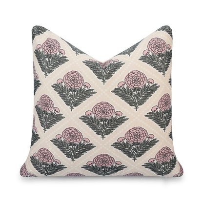 Chartelle Indoor Outdoor Throw Pillow Cover, Block Print Vintage Hydrangea Flowers, Earth Tone Dark Rose Tan, 20"x20"