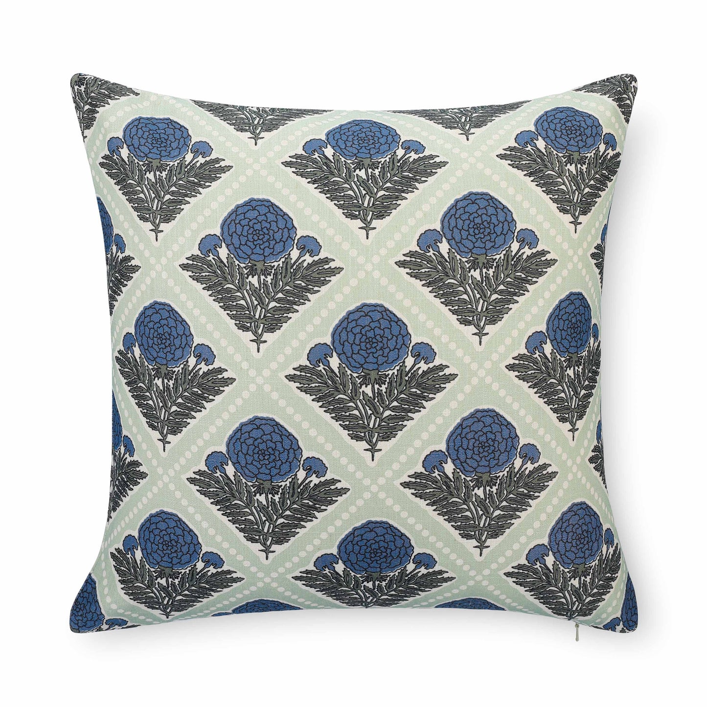 Chartelle Indoor Outdoor Throw Pillow Cover, Block Print Vintage Hydrangea Flowers, Azure Light Green, 20"x20"