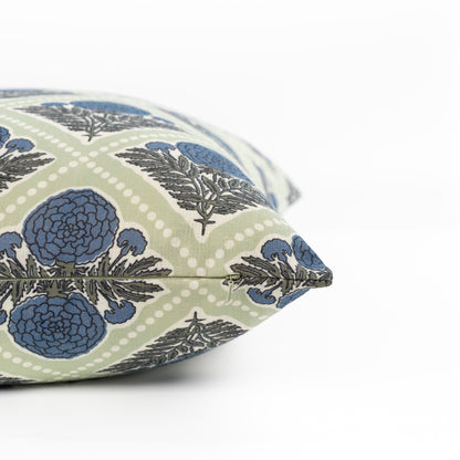 Chartelle Indoor Outdoor Throw Pillow Cover, Block Print Vintage Hydrangea Flowers, Azure Light Green, 20"x20"