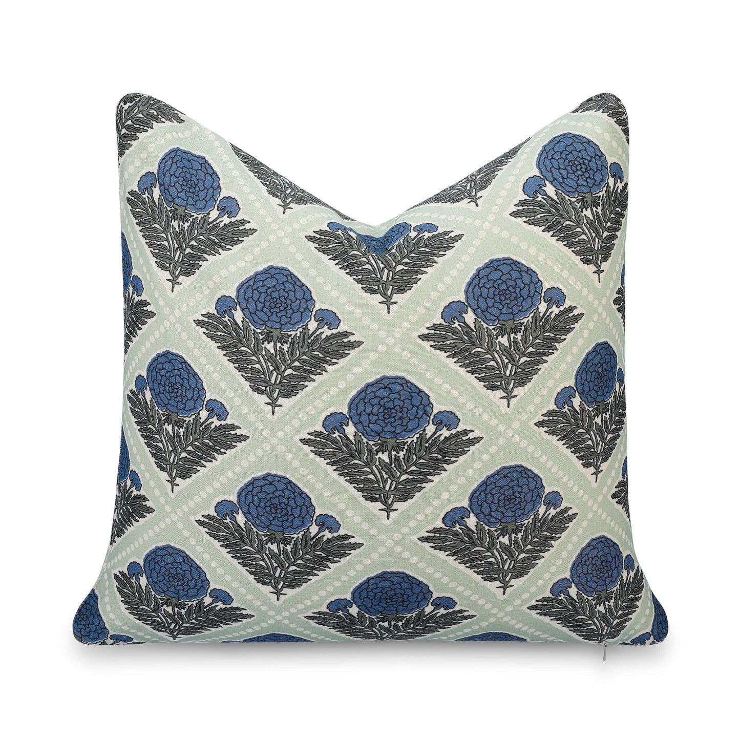 Chartelle Indoor Outdoor Throw Pillow Cover, Block Print Vintage Hydrangea Flowers, Azure Light Green, 20"x20"