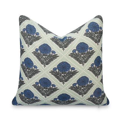 Chartelle Indoor Outdoor Throw Pillow Cover, Block Print Vintage Hydrangea Flowers, Azure Light Green, 20"x20"