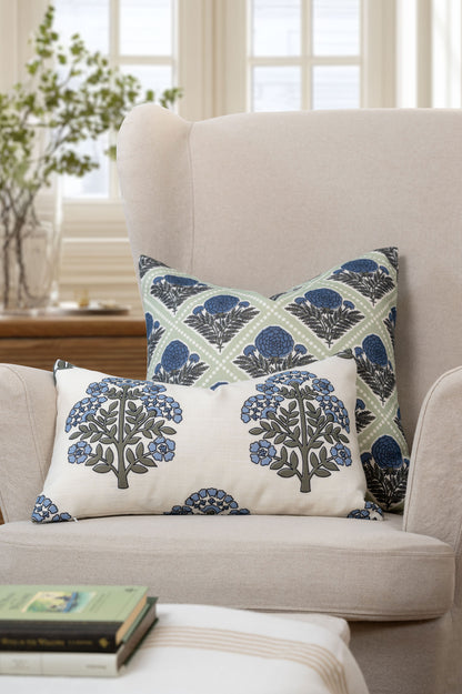 Chartelle Indoor Outdoor Throw Pillow Cover, Block Print Vintage Hydrangea Flowers, Azure Light Green, 20"x20"